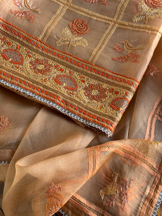 Dark Beige Organza Banarasi Silk Chikankari Unstitched Kurta Dupatta Set