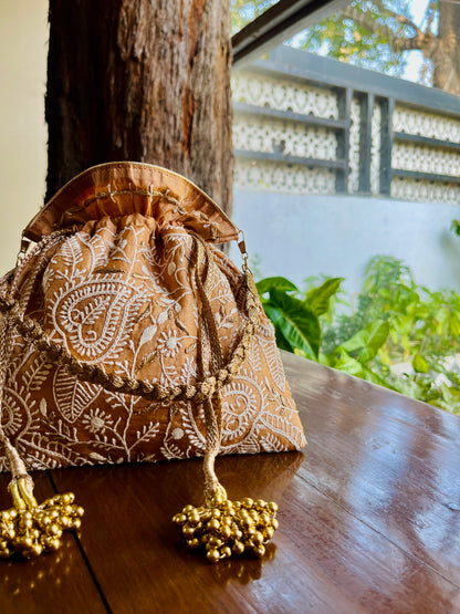 Dark Beige Raw Silk Chikankari Polti Bags