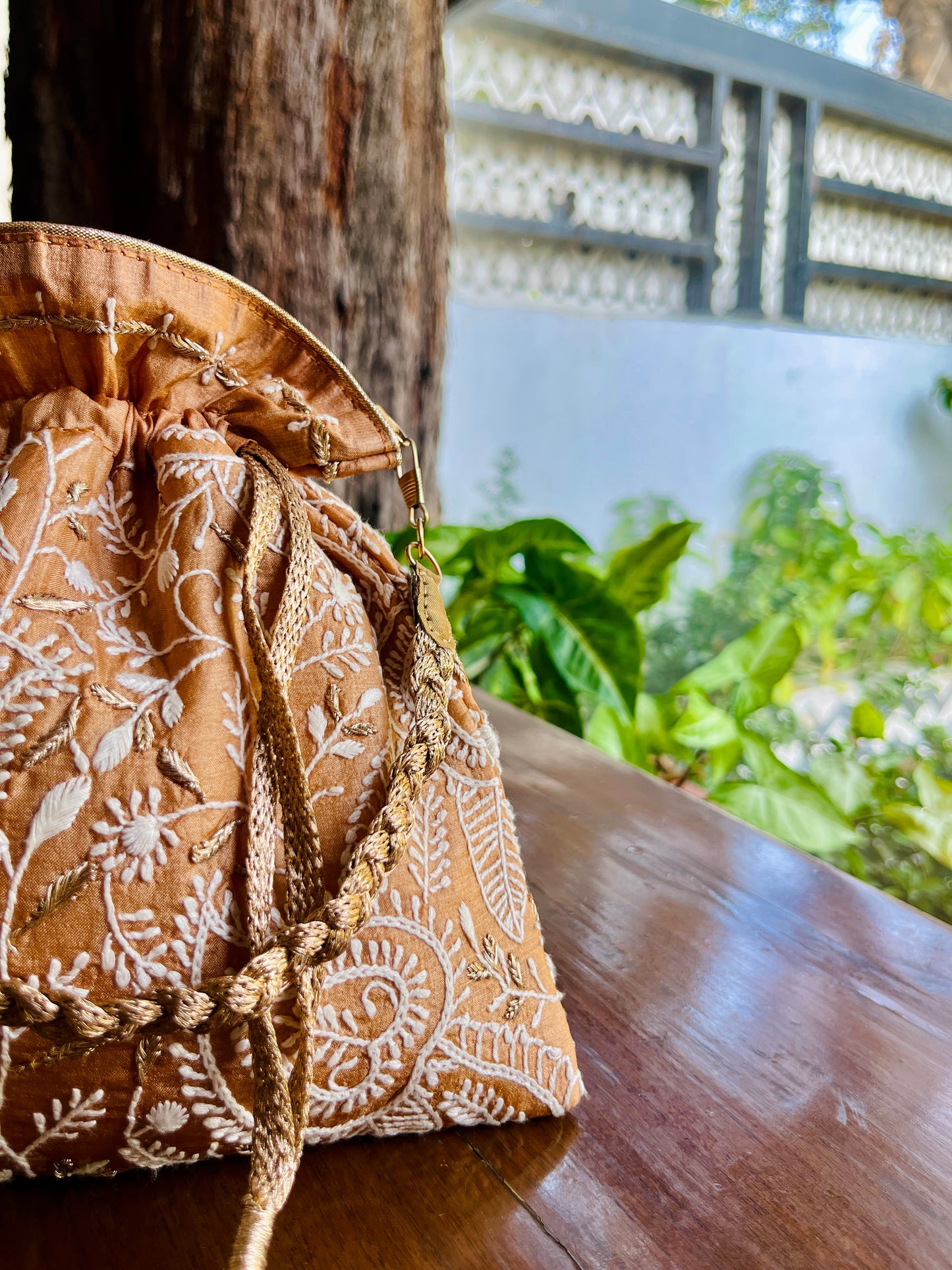 Dark Beige Raw Silk Chikankari Polti Bags