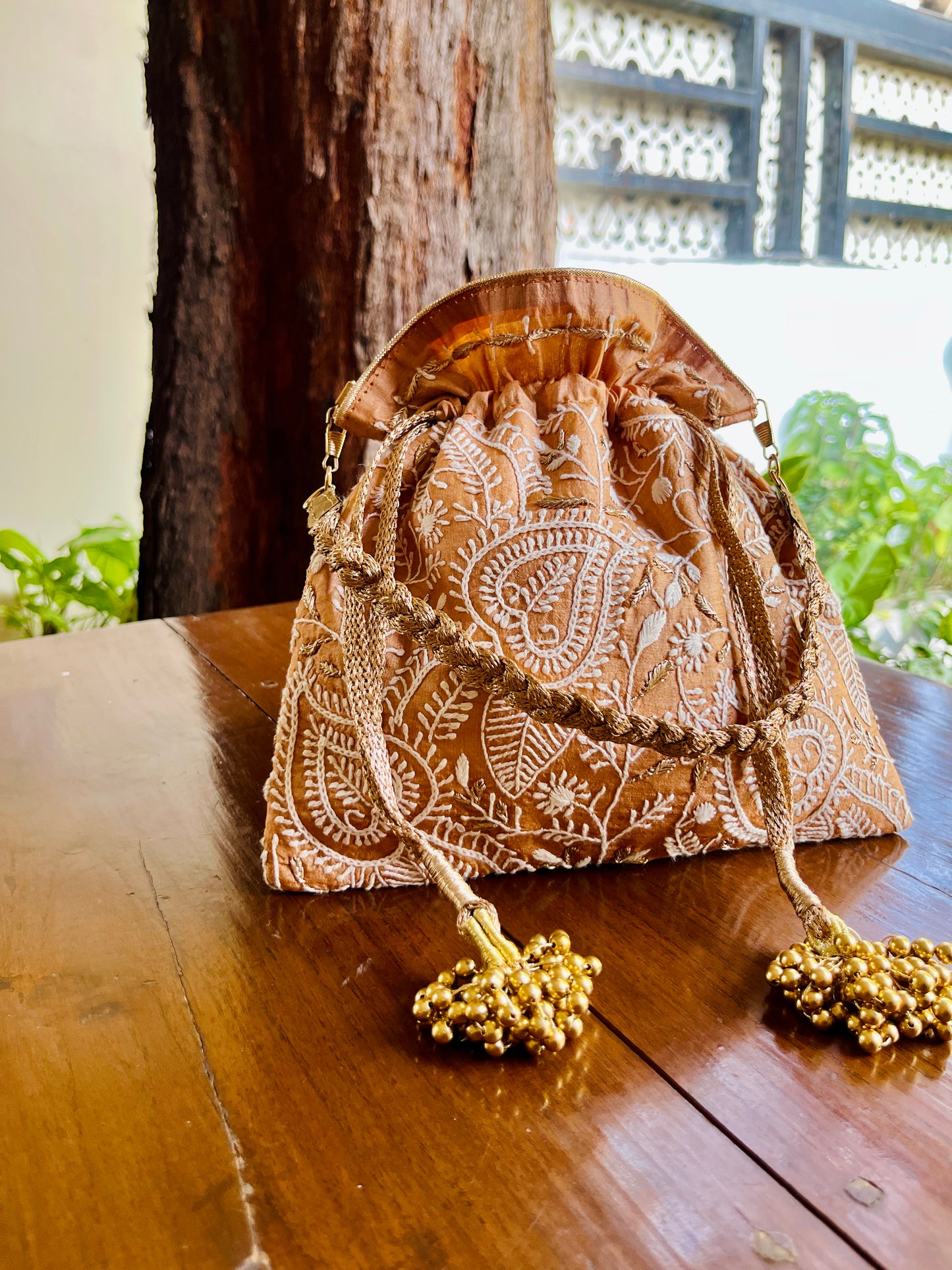 Dark Beige Raw Silk Chikankari Polti Bags