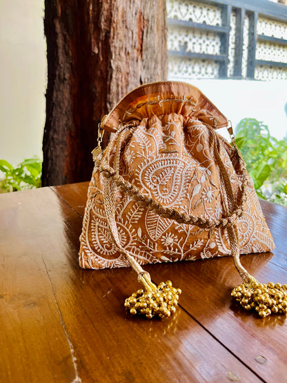 Dark Beige Raw Silk Chikankari Polti Bags