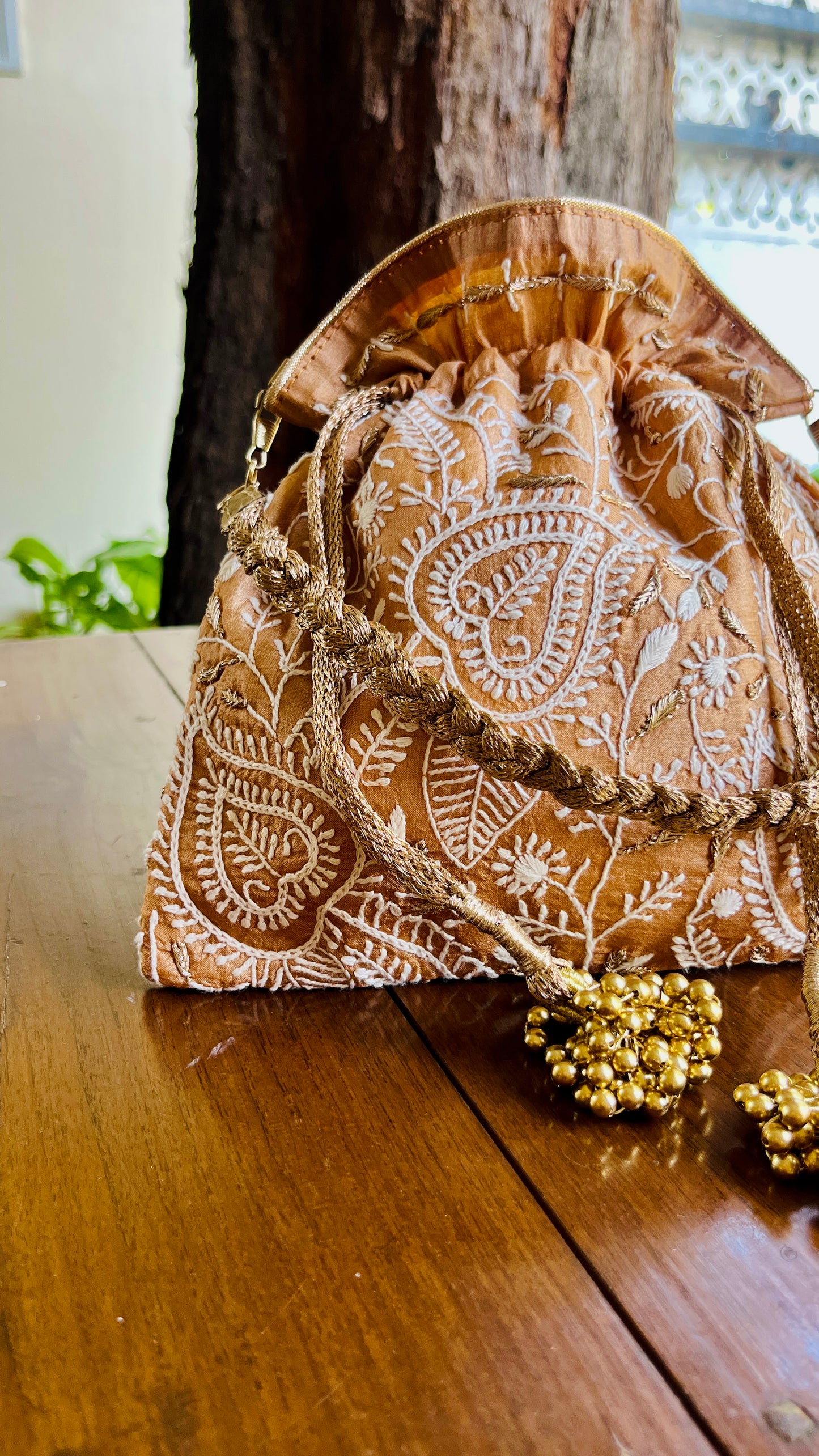 Dark Beige Raw Silk Chikankari Polti Bags