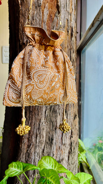 Dark Beige Raw Silk Chikankari Polti Bags