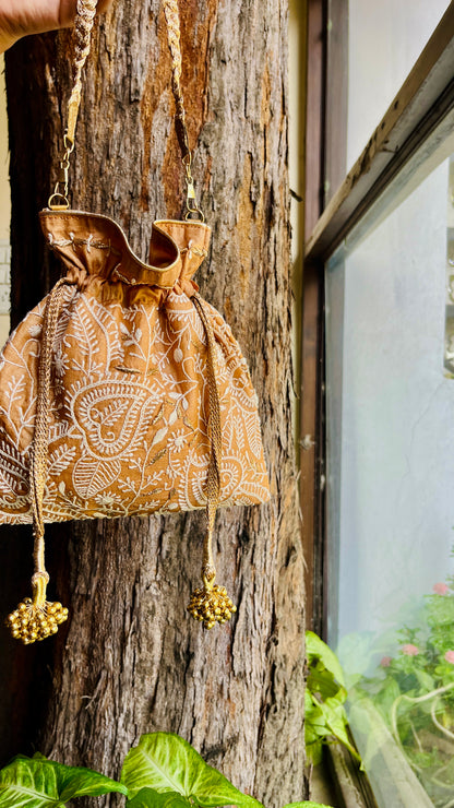 Dark Beige Raw Silk Chikankari Polti Bags