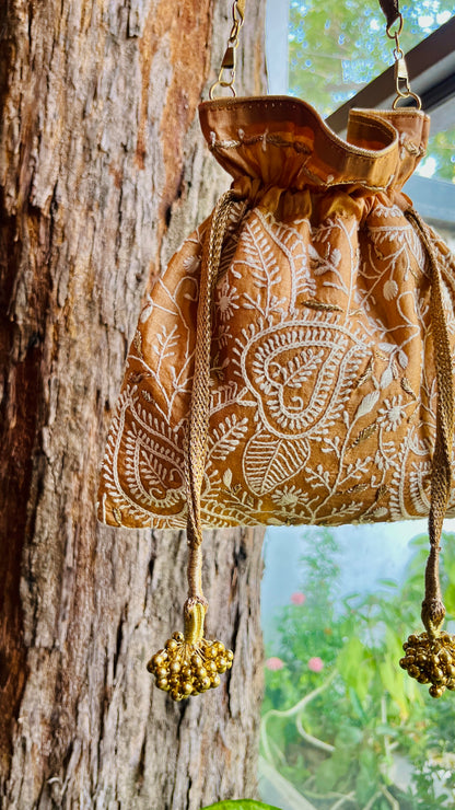 Dark Beige Raw Silk Chikankari Polti Bags