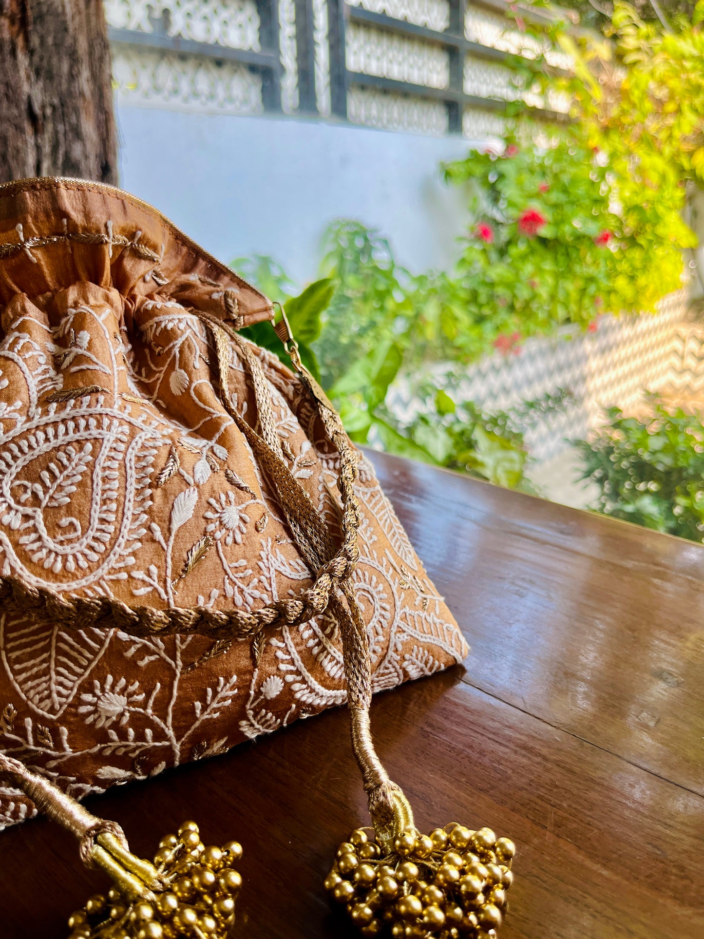 Dark Beige Raw Silk Chikankari Polti Bags