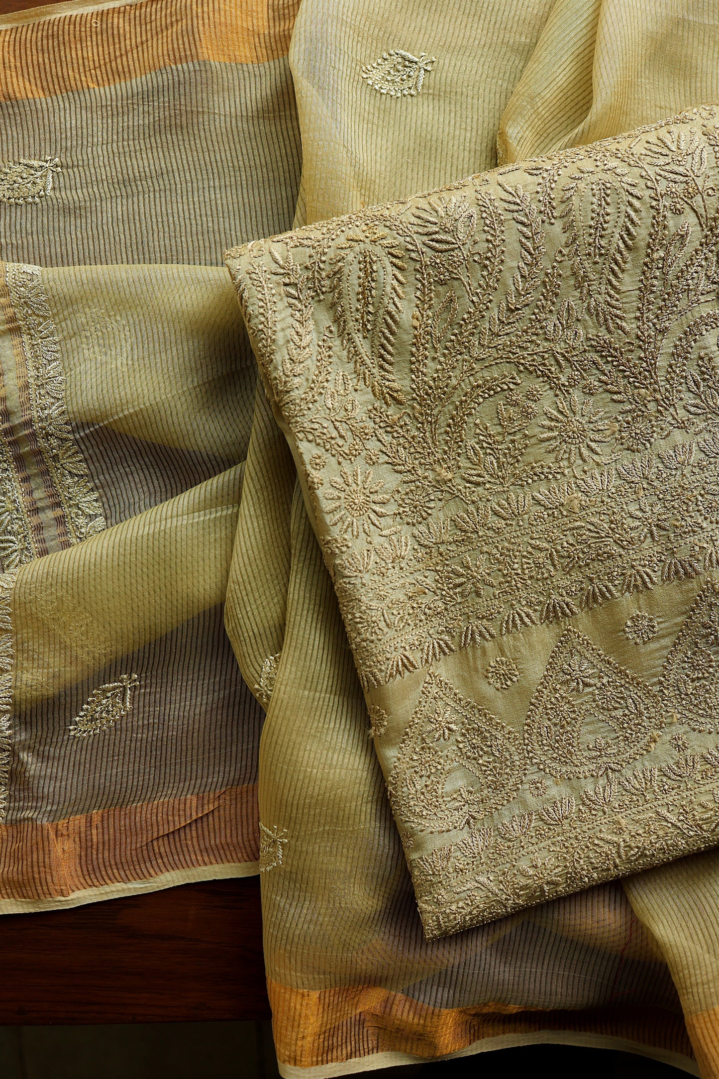 Dark Beige Shade Paper Tussar Resham Chikankari Unstitched Kurta Dupatta Set