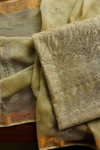 Dark Beige Shade Paper Tussar Resham Chikankari Unstitched Kurta Dupatta Set