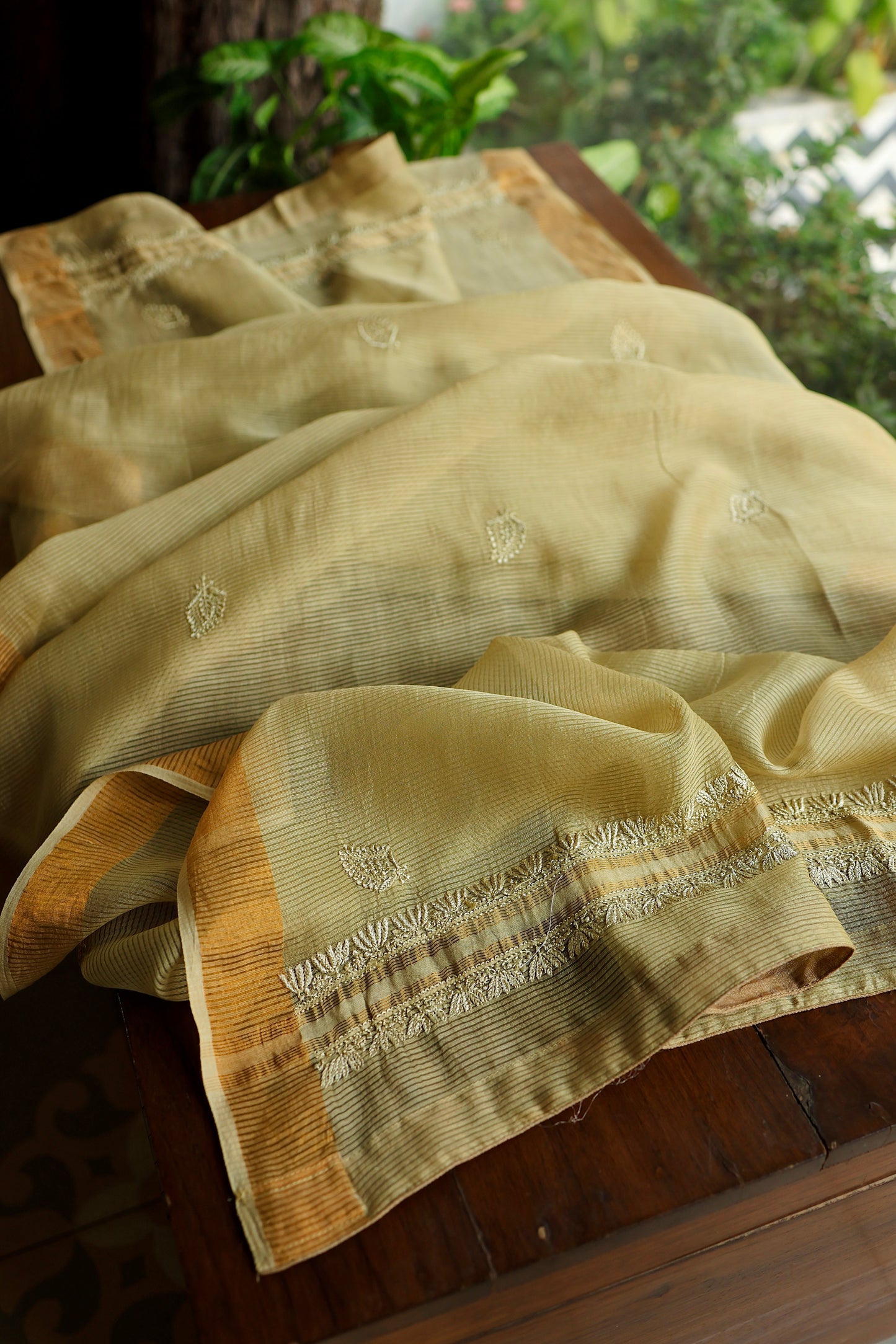 Dark Beige Shade Paper Tussar Resham Chikankari Unstitched Kurta Dupatta Set