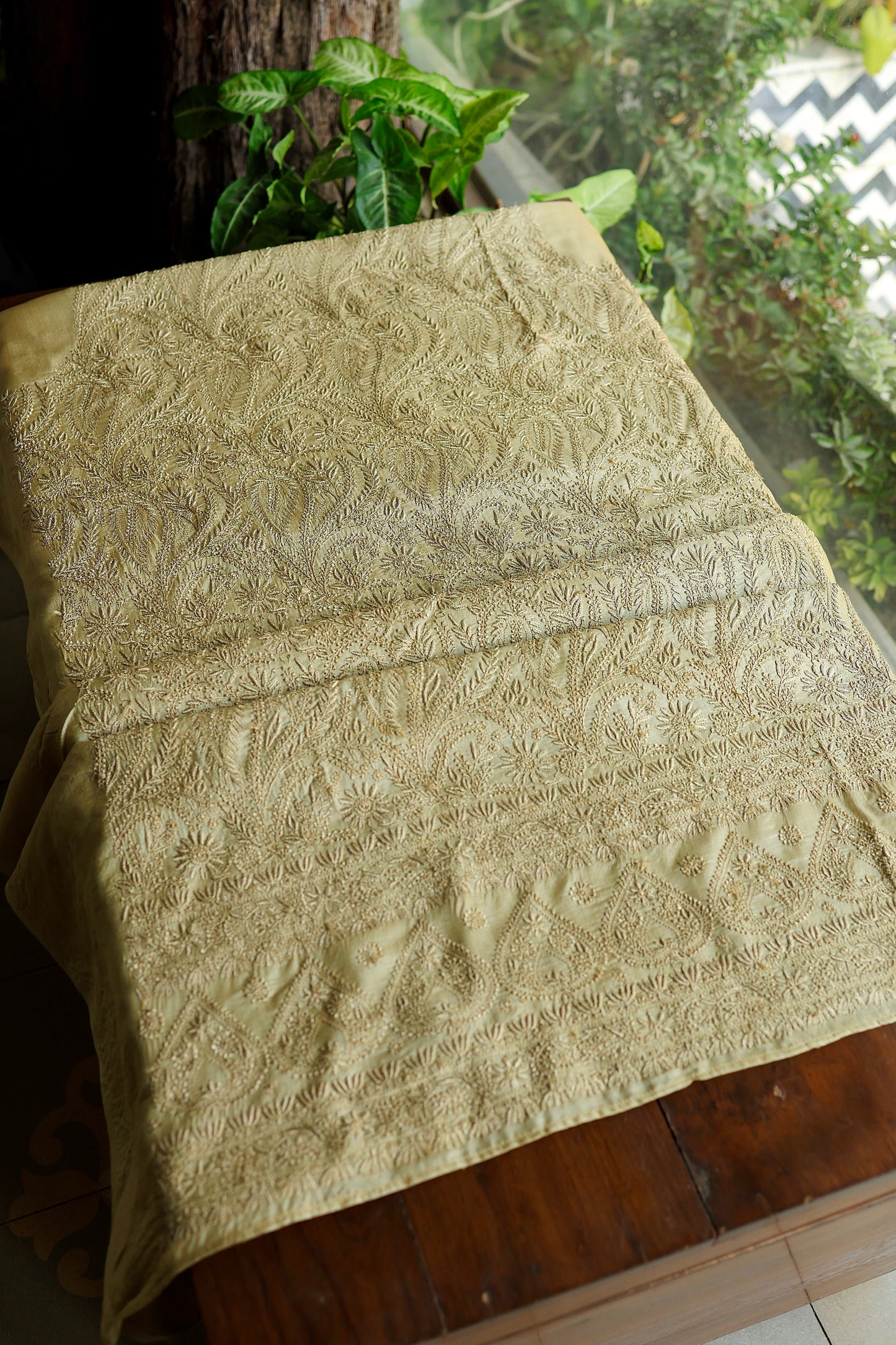 Dark Beige Shade Paper Tussar Resham Chikankari Unstitched Kurta Dupatta Set