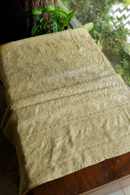 Dark Beige Shade Paper Tussar Resham Chikankari Unstitched Kurta Dupatta Set