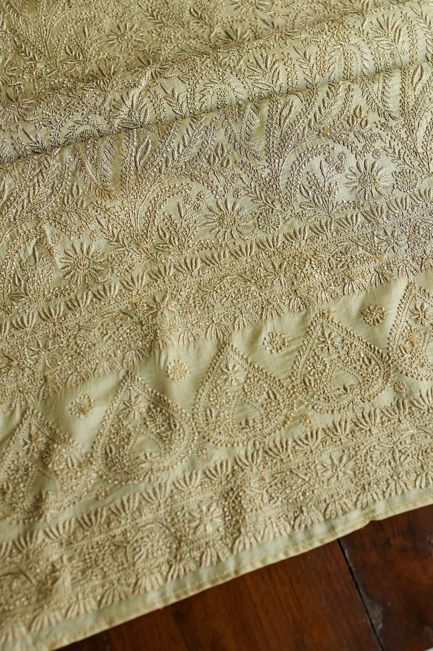 Dark Beige Shade Paper Tussar Resham Chikankari Unstitched Kurta Dupatta Set