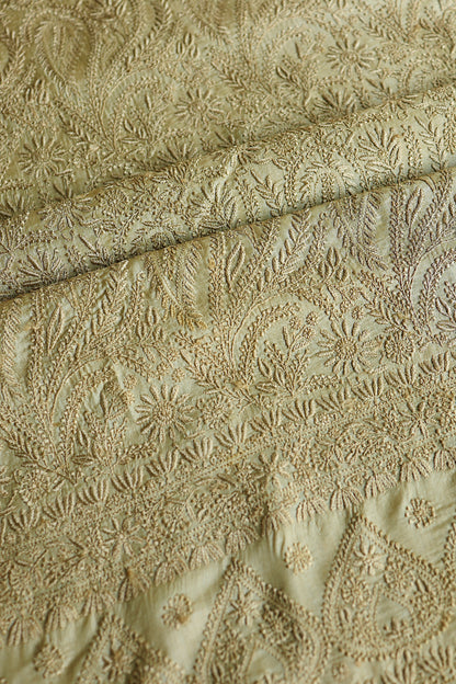 Dark Beige Shade Paper Tussar Resham Chikankari Unstitched Kurta Dupatta Set