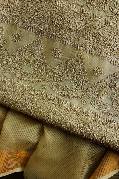 Dark Beige Shade Paper Tussar Resham Chikankari Unstitched Kurta Dupatta Set
