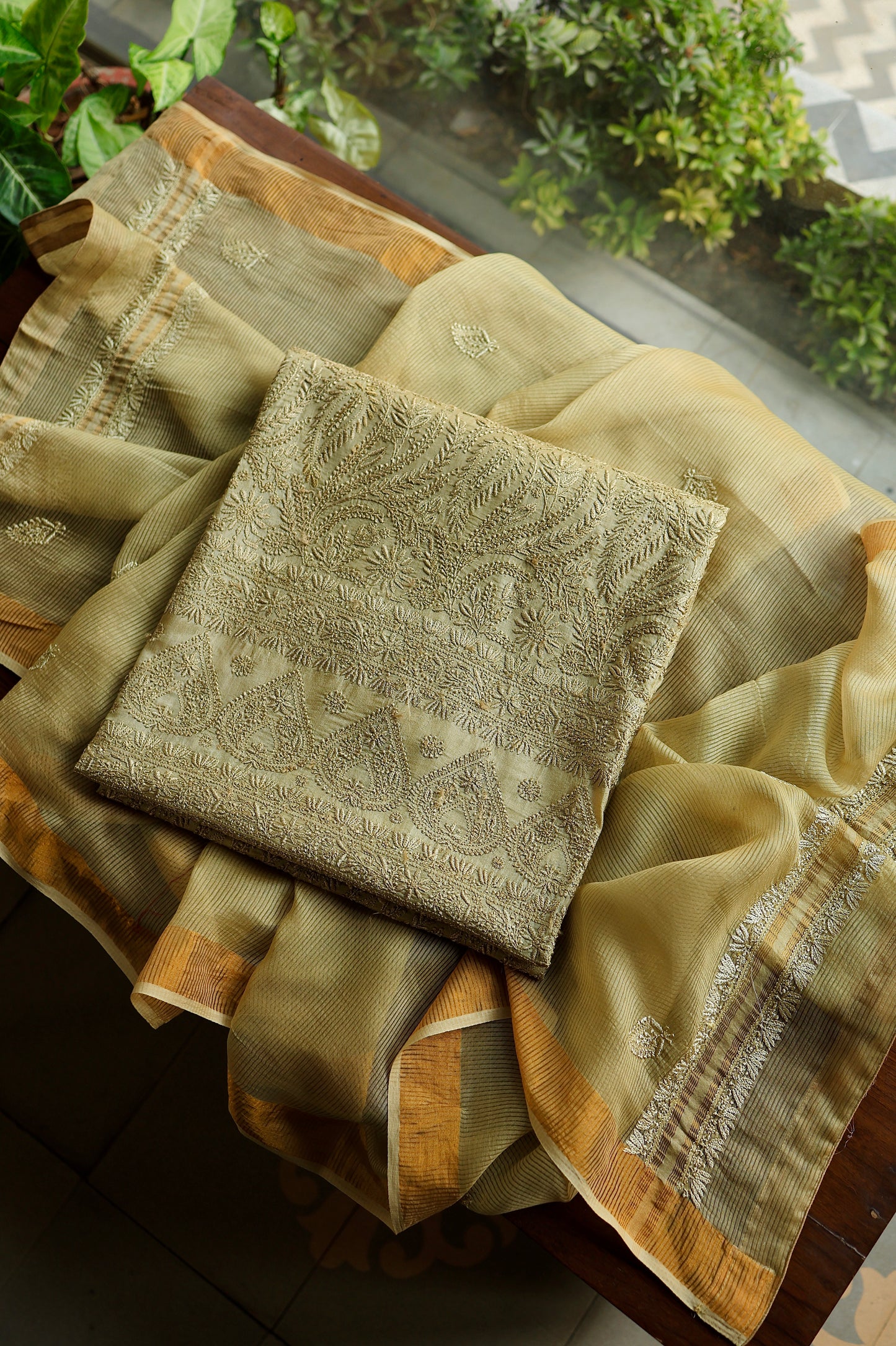 Dark Beige Shade Paper Tussar Resham Chikankari Unstitched Kurta Dupatta Set