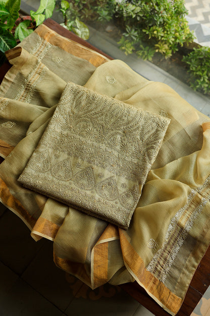 Dark Beige Shade Paper Tussar Resham Chikankari Unstitched Kurta Dupatta Set