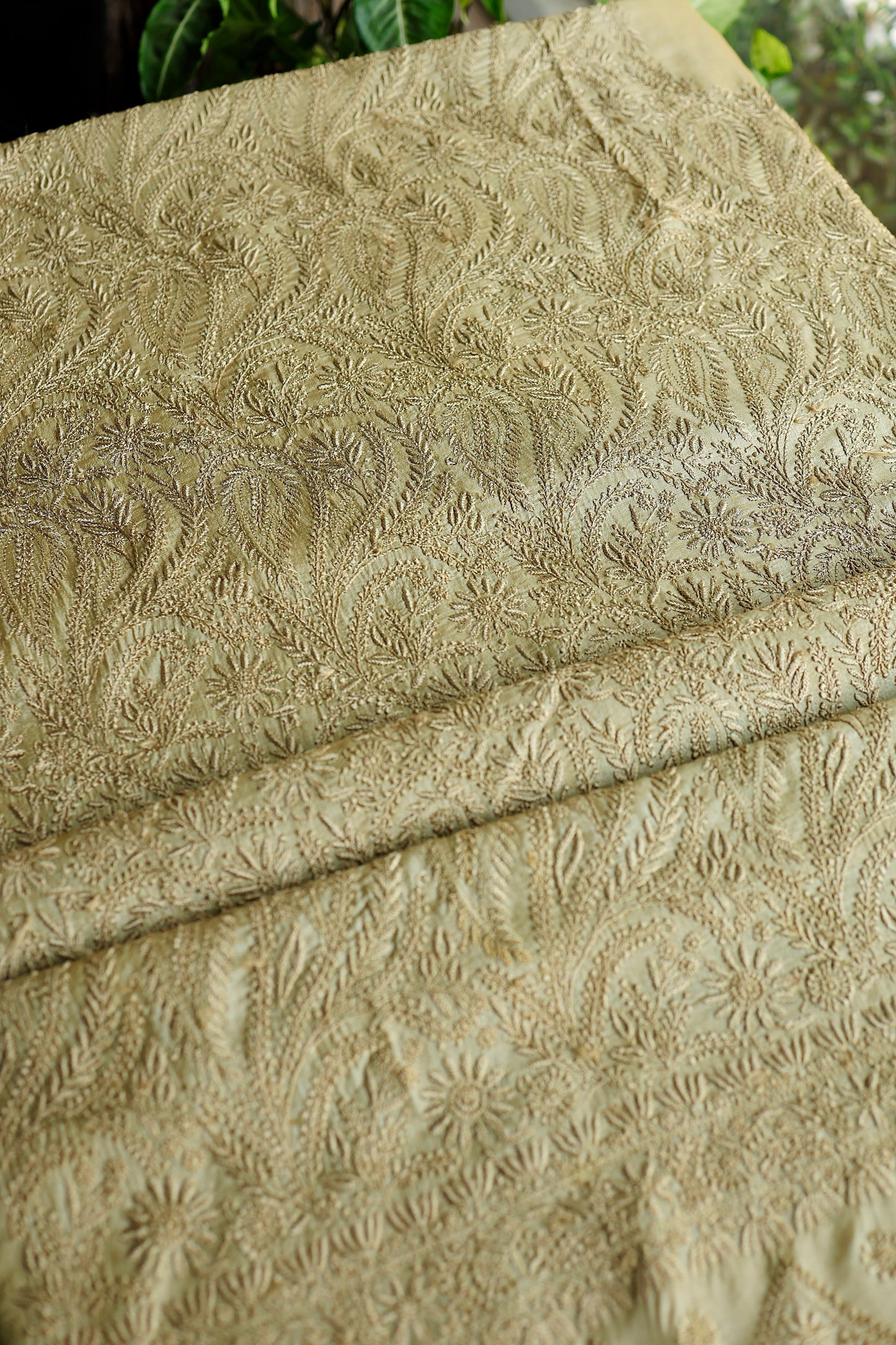 Dark Beige Shade Paper Tussar Resham Chikankari Unstitched Kurta Dupatta Set