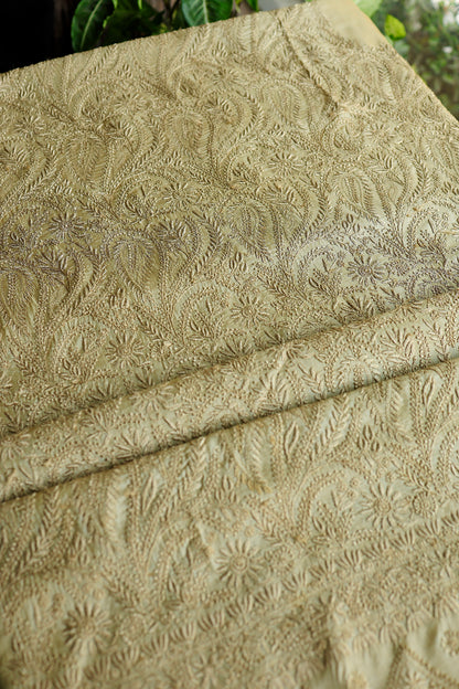 Dark Beige Shade Paper Tussar Resham Chikankari Unstitched Kurta Dupatta Set