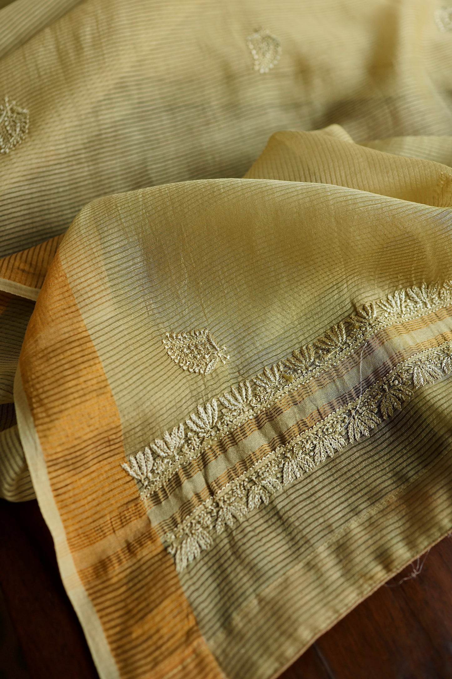 Dark Beige Shade Paper Tussar Resham Chikankari Unstitched Kurta Dupatta Set