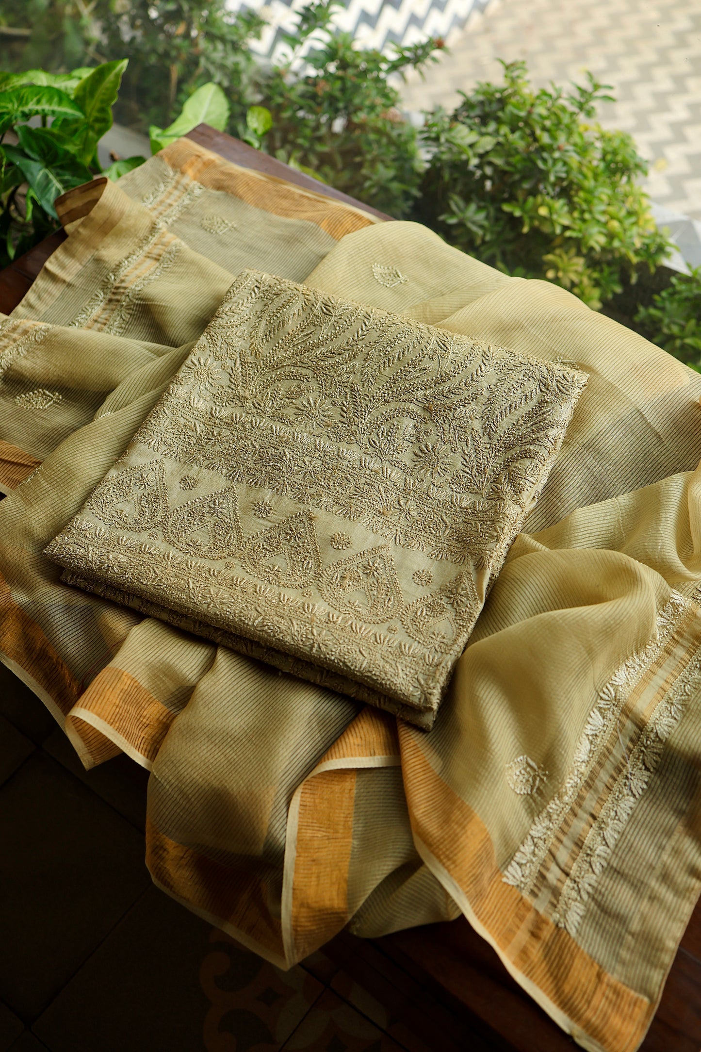 Dark Beige Shade Paper Tussar Resham Chikankari Unstitched Kurta Dupatta Set