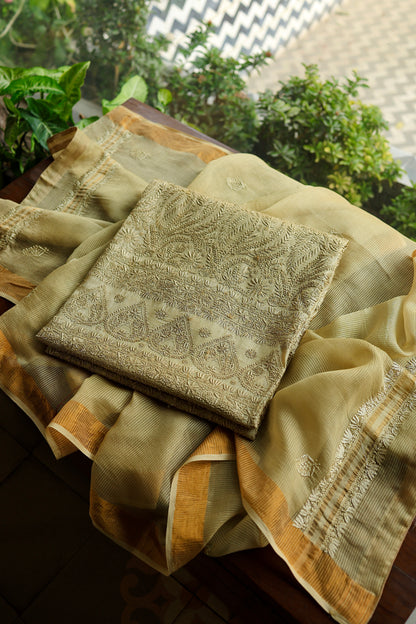 Dark Beige Shade Paper Tussar Resham Chikankari Unstitched Kurta Dupatta Set