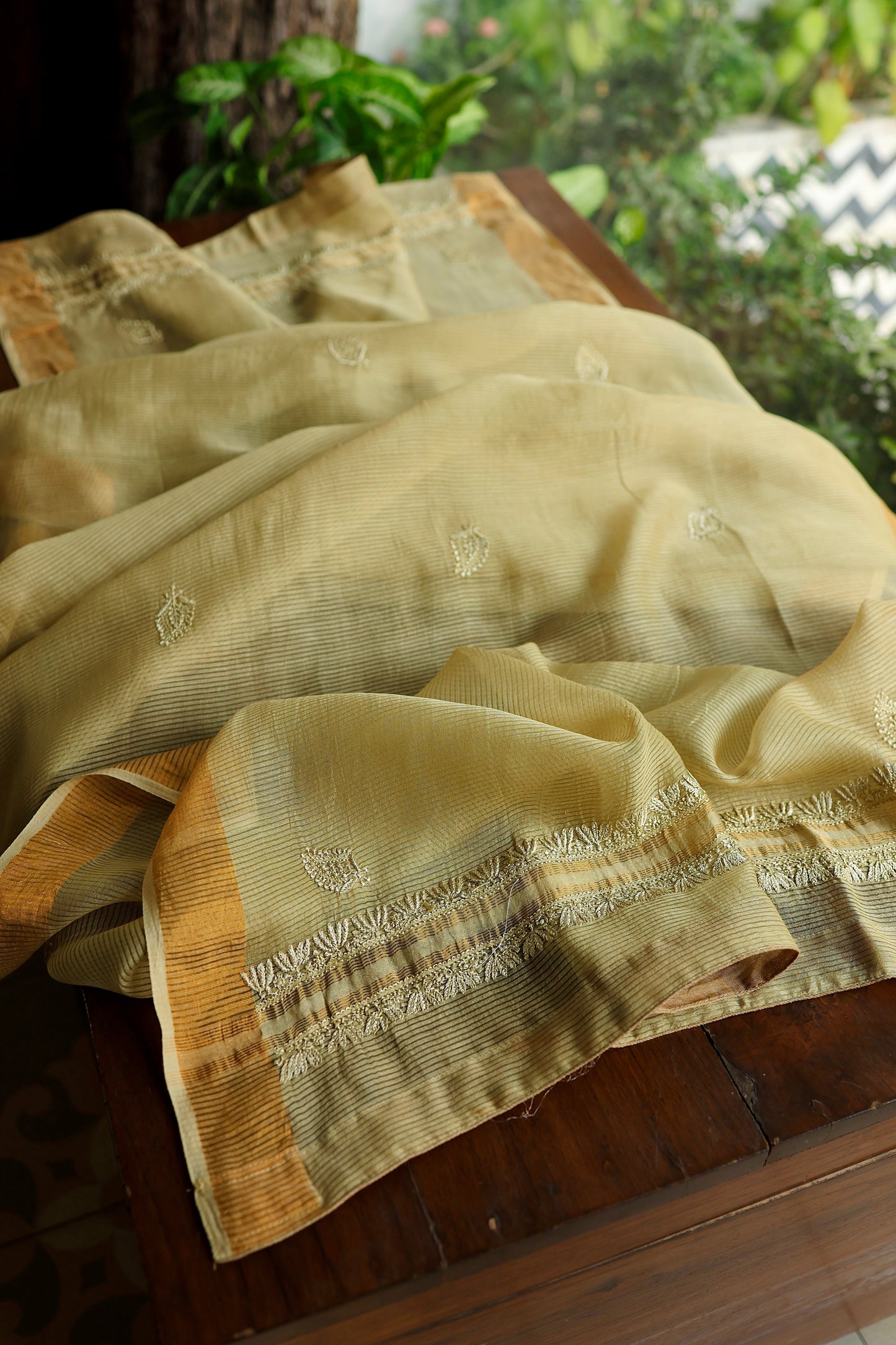 Dark Beige Shade Paper Tussar Resham Chikankari Unstitched Kurta Dupatta Set