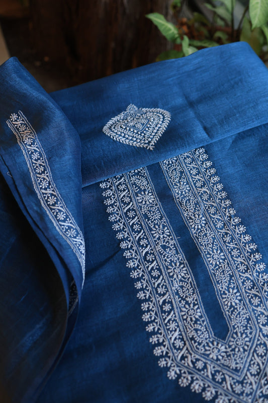 Dark Blue Linen Chikankari Unstitched Men's Kurtas Fabric