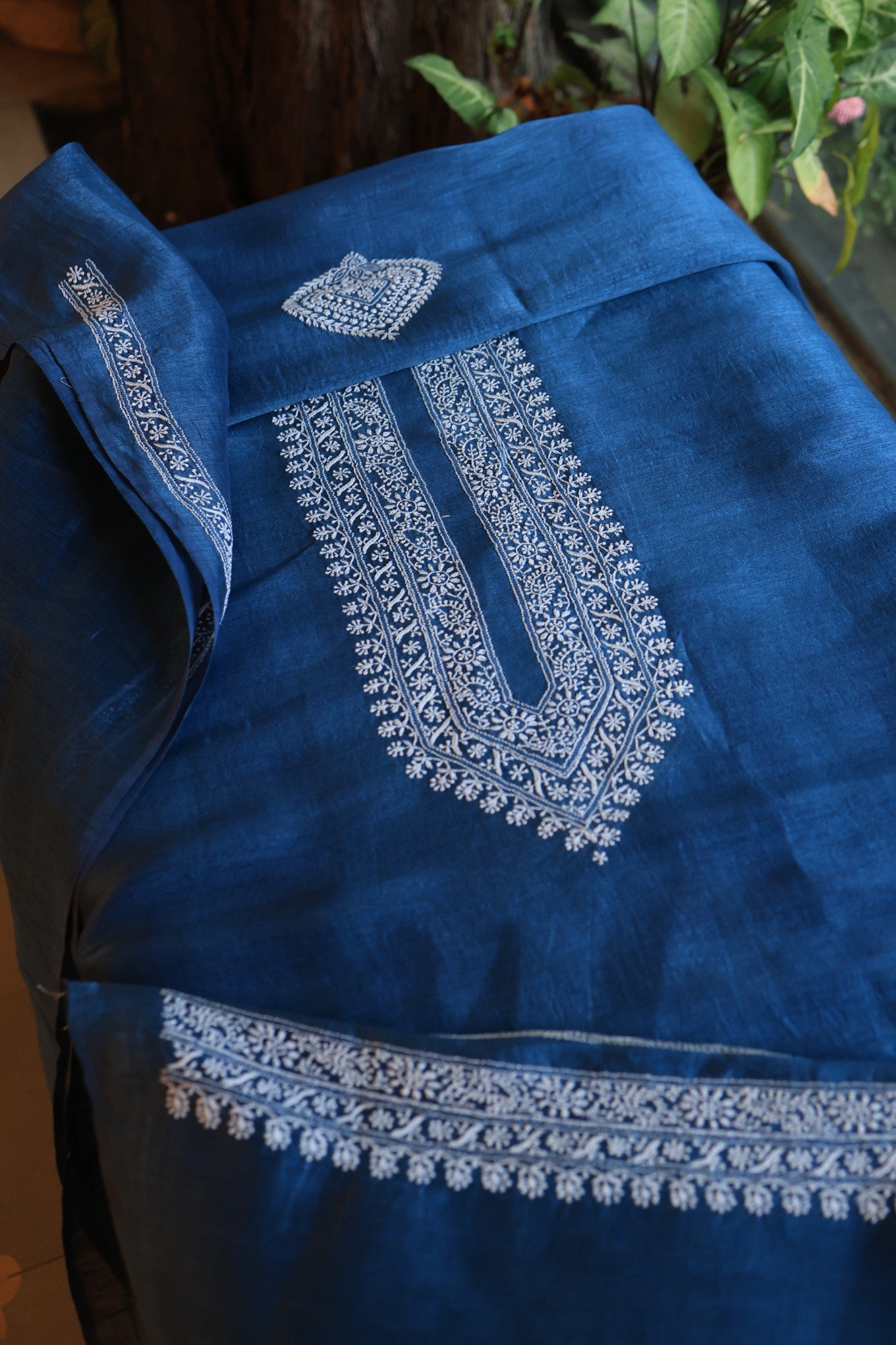 Dark Blue Linen Chikankari Unstitched Men's Kurtas Fabric