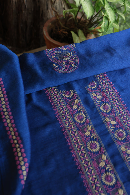 Dark Blue Moonga Silk Chikankari Men’s Kurta Fabrics