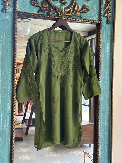Dark Green Chanderi Mukaish Kamdani Short Kurti