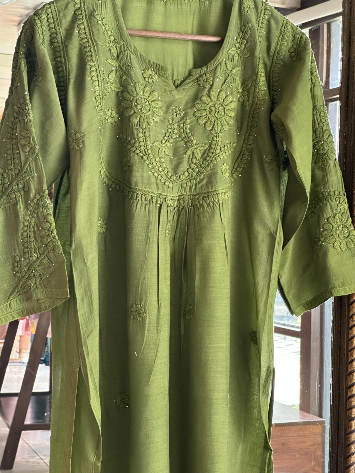 Dark Green Chanderi Mukaish Kamdani Short Kurti
