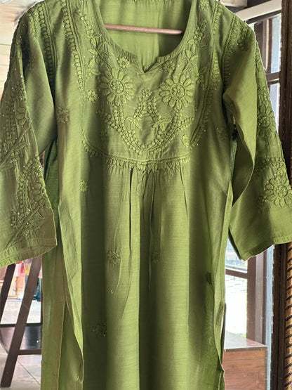 Dark Green Chanderi Mukaish Kamdani Short Kurti