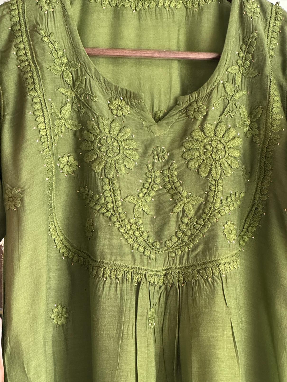 Dark Green Chanderi Mukaish Kamdani Short Kurti