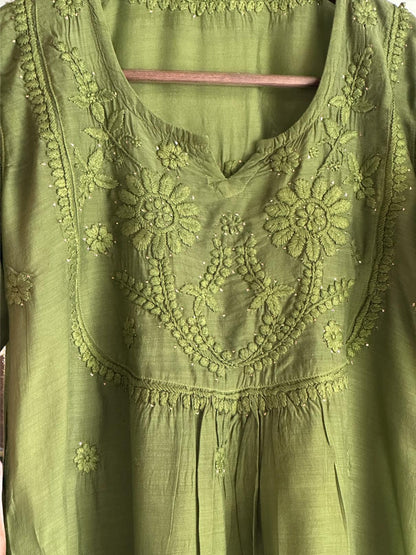 Dark Green Chanderi Mukaish Kamdani Short Kurti