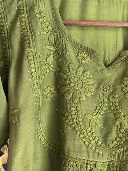 Dark Green Chanderi Mukaish Kamdani Short Kurti