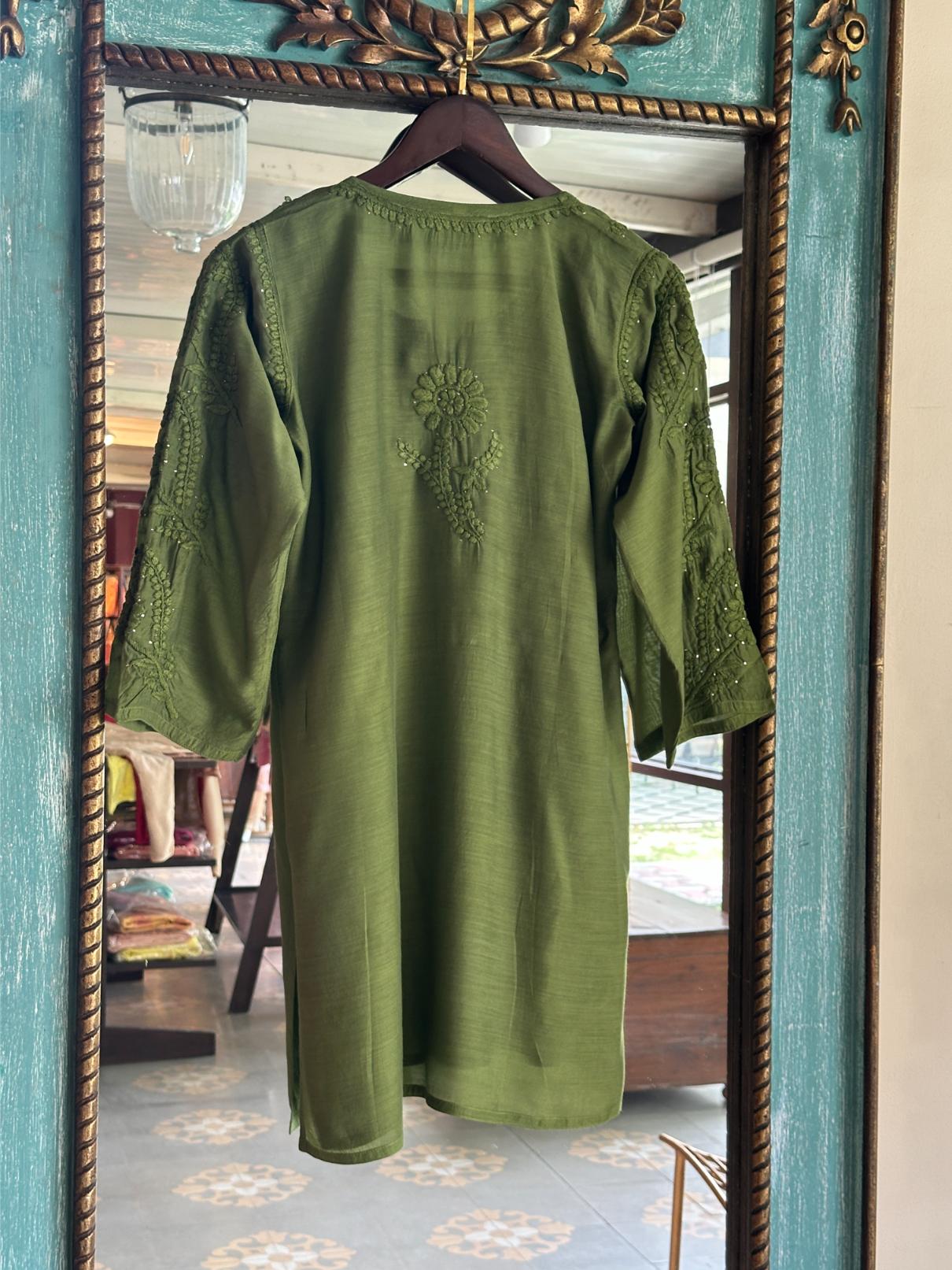 Dark Green Chanderi Mukaish Kamdani Short Kurti