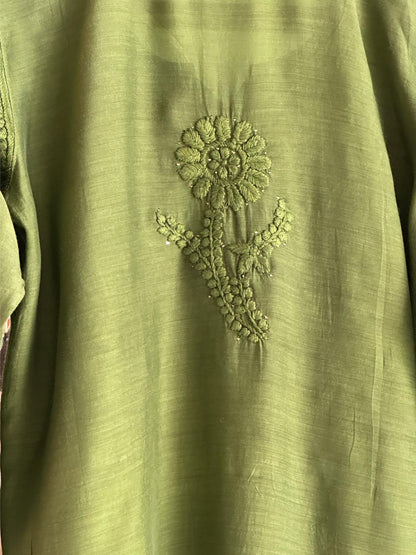 Dark Green Chanderi Mukaish Kamdani Short Kurti