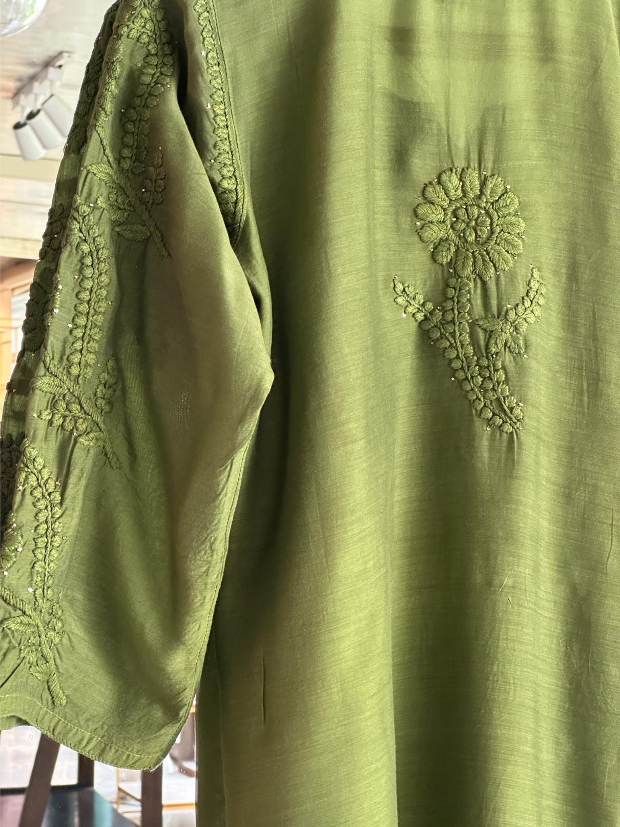 Dark Green Chanderi Mukaish Kamdani Short Kurti