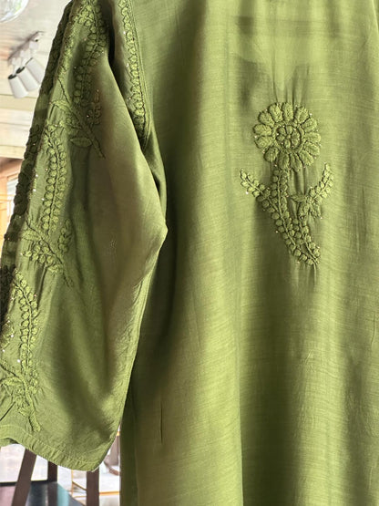 Dark Green Chanderi Mukaish Kamdani Short Kurti