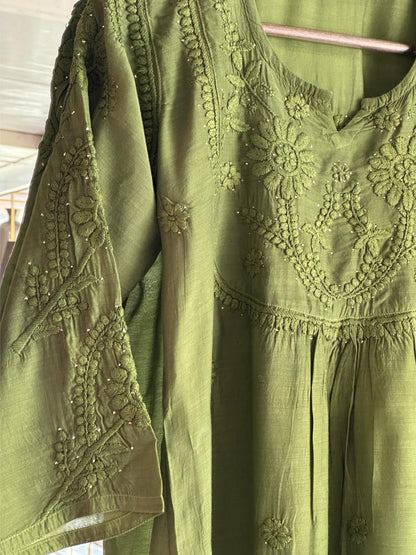 Dark Green Chanderi Mukaish Kamdani Short Kurti