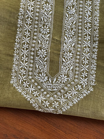 Dark Green Linen Chikankari Unstitched Men's Kurta Fabric
