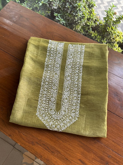 Dark Green Linen Chikankari Unstitched Men's Kurta Fabric