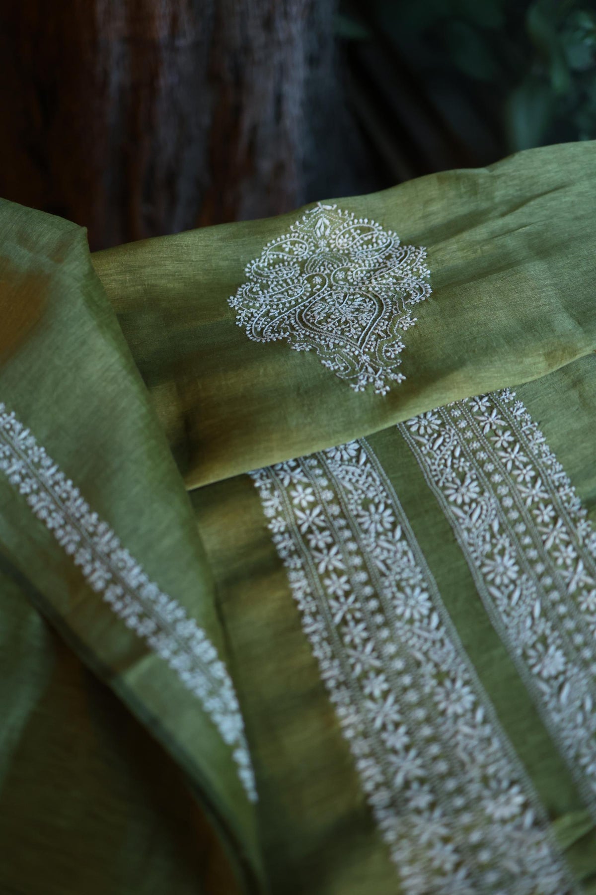 Dark Green Linen Chikankari Unstitched Men's Kurta Fabric