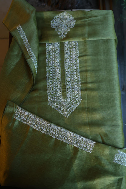 Dark Green Linen Chikankari Unstitched Men's Kurta Fabric