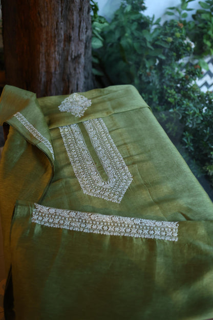 Dark Green Linen Chikankari Unstitched Men's Kurta Fabric