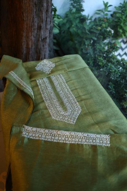 Dark Green Linen Chikankari Unstitched Men's Kurta Fabric