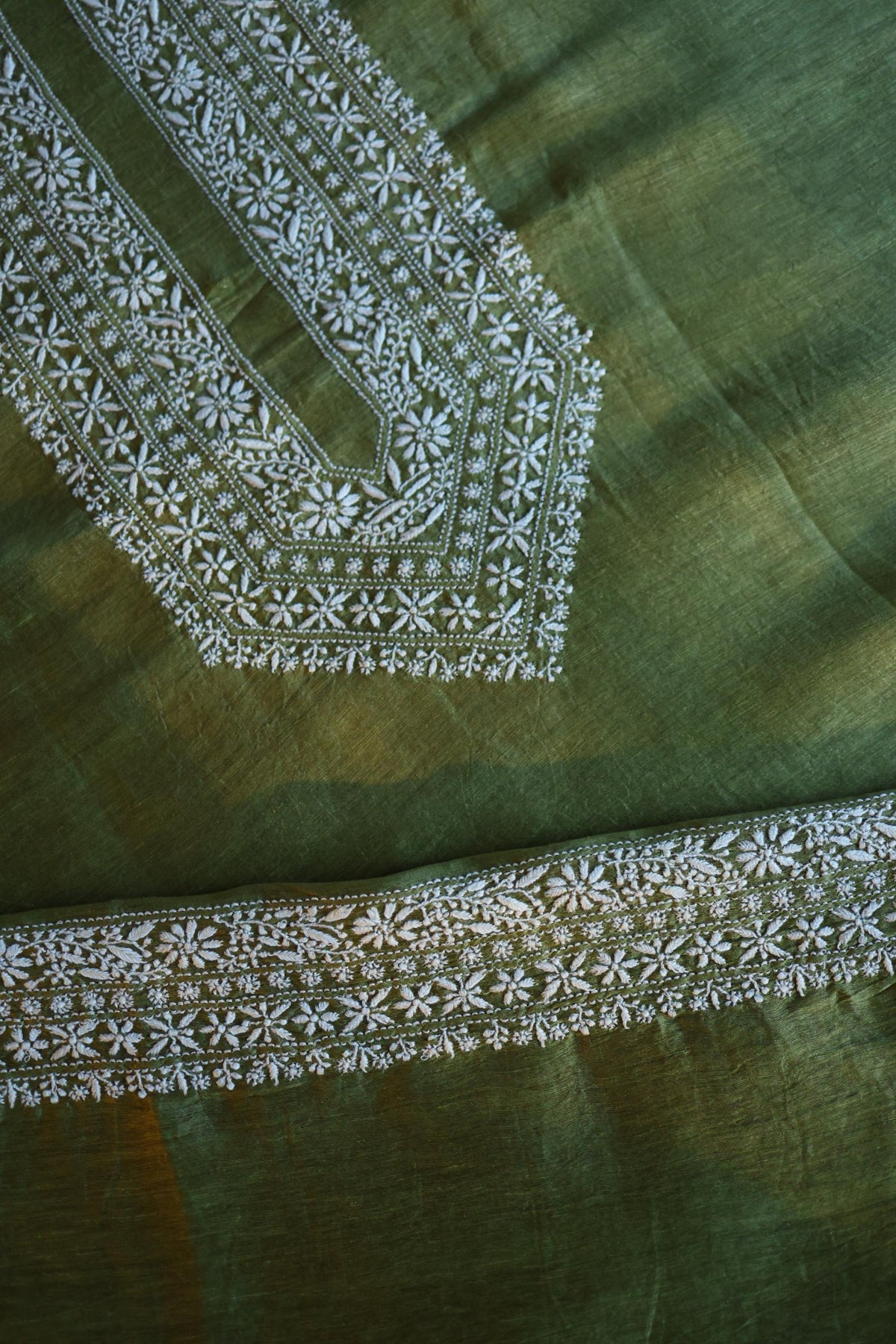 Dark Green Linen Chikankari Unstitched Men's Kurta Fabric