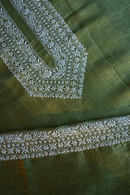 Dark Green Linen Chikankari Unstitched Men's Kurta Fabric