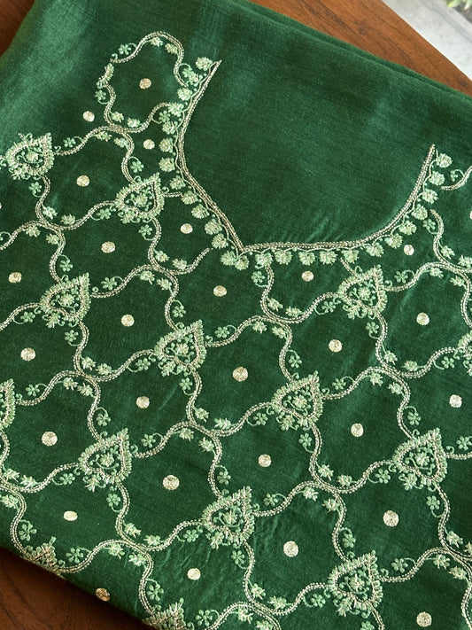 Dark Green Moonga Silk Chikankari Unstitched Blouse Fabric