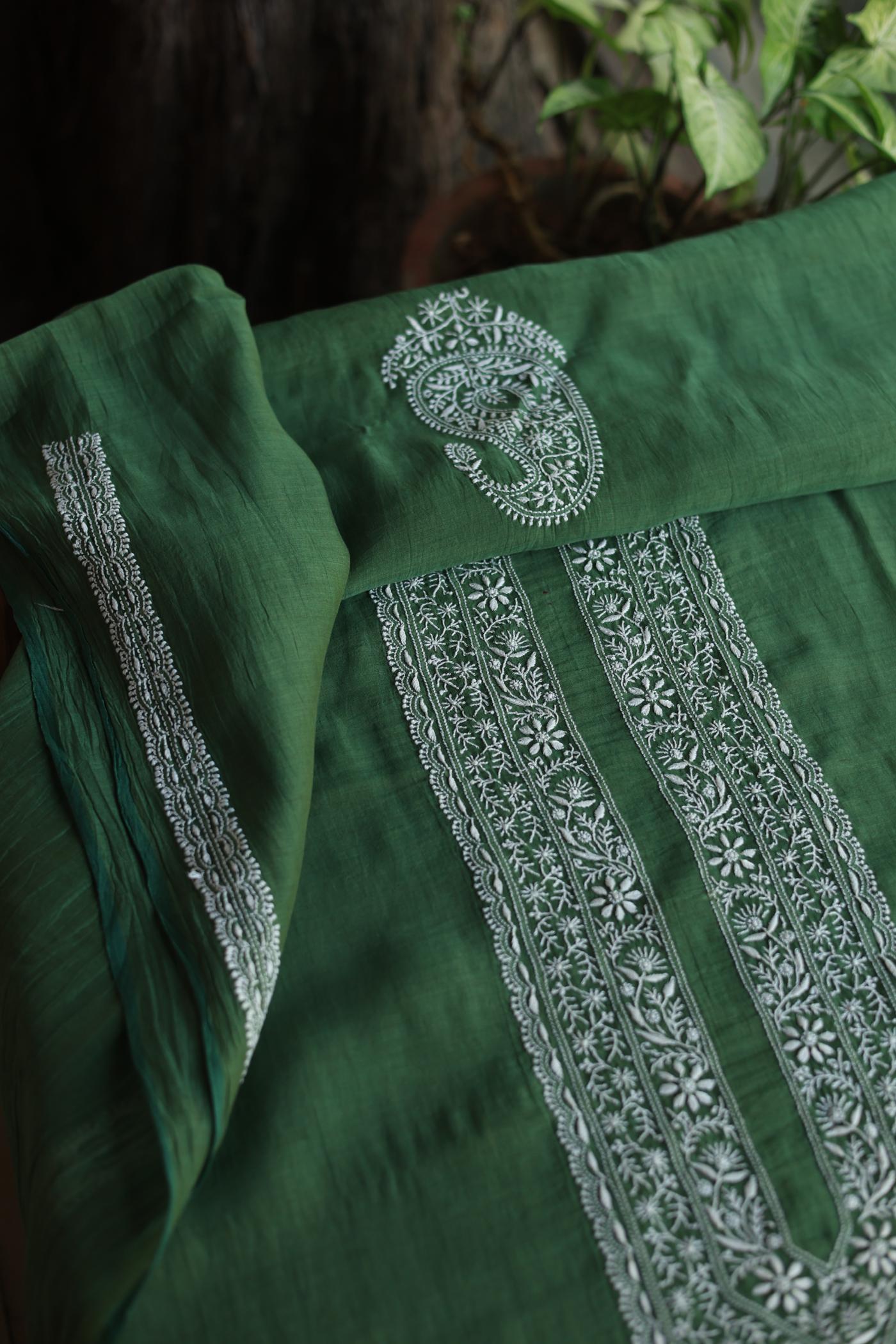 Dark Green Mulmul Chikankari Unstitched Men's Kurtas Fabric